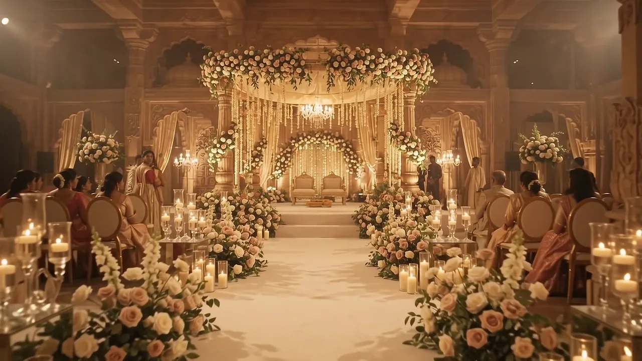 An ornate wedding venue viewed through carved wooden doors
