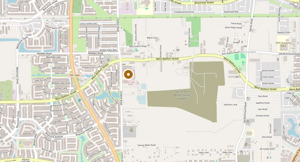 Map centered on Sri Sharadamba Temple at 10315 Clodine Road in Richmond, Texas